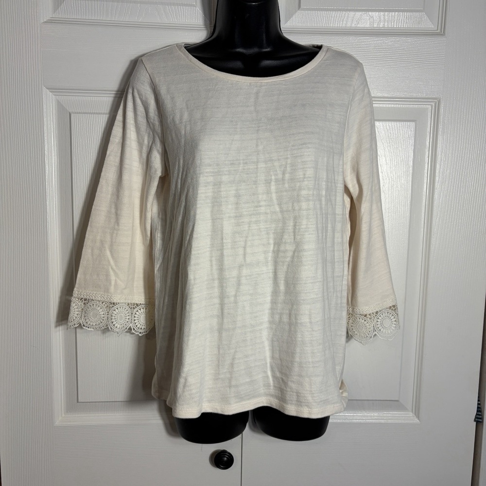 LOFT‎ Factory Crochet Lace Trim Shirt Women S Beige 100% Cotton Knit Boho Chic